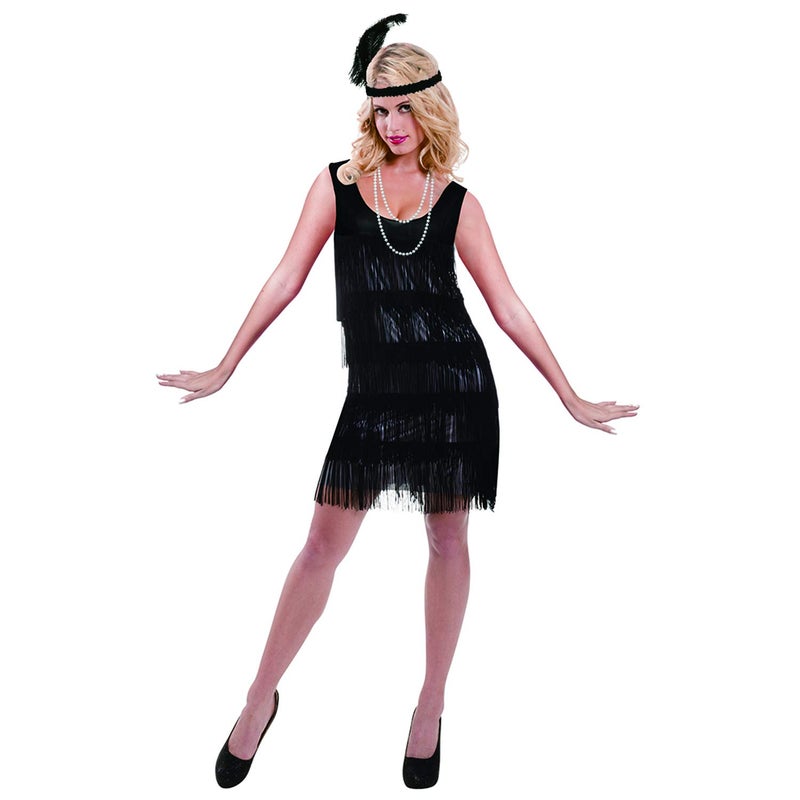 Leadtex Women's 1920s Fringed Flapper Costume,Gangster Lady Costume,Great Gatsby Dresses with Feather Headband,Beaded Necklace Black 12-14 - Image 1